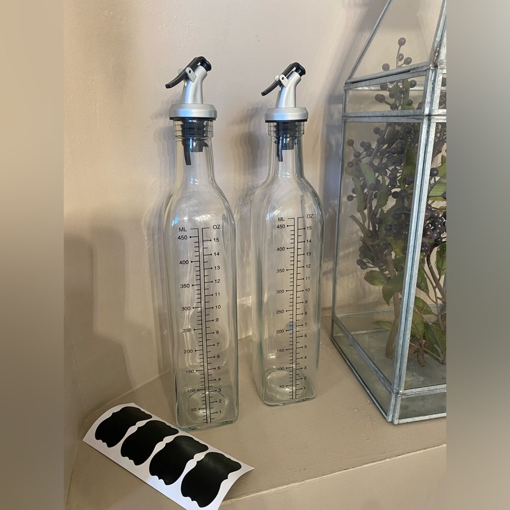 Set of Olive Oil Glass bottoms with spout dispenser and chalkboard tags